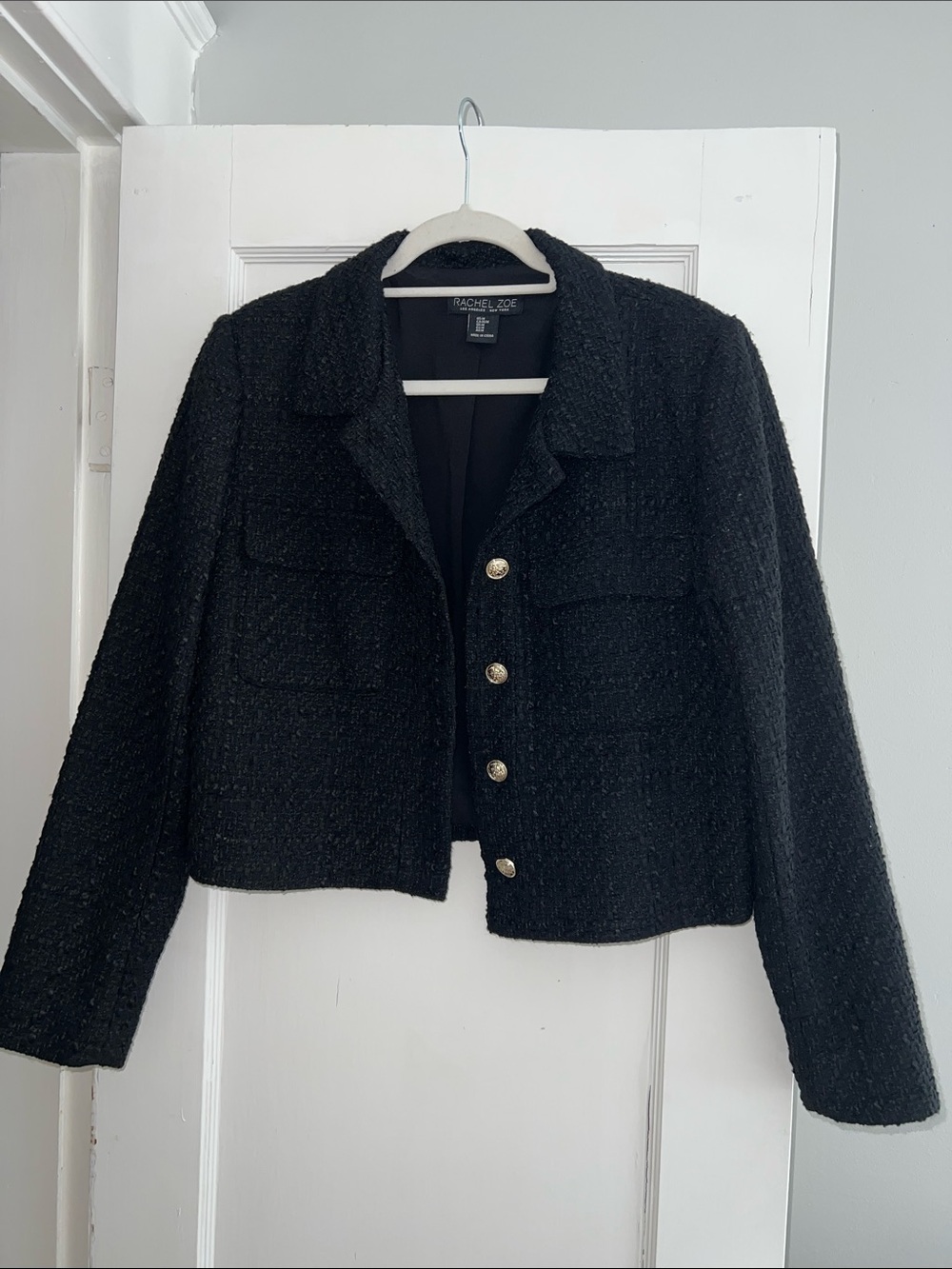 Rachel Zoe Black Bouclé Cropped Blazer with Gold Buttons